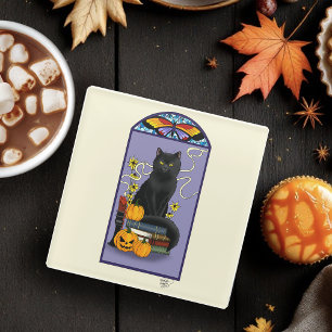Dessous-de-verre En Verre Art Nouveau Chat Noir Citrouille Violet Automne Ja
