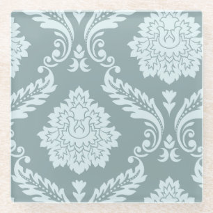 Dessous-de-verre En Verre Art Rococo Damassé I Bleu Canard+Turquoise