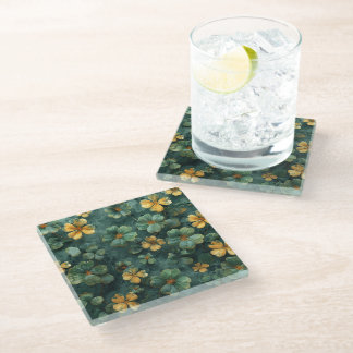 DESSOUS-DE-VERRE EN VERRE ASPECT VIEILLI TRÈFLES IRLANDAIS VERTS & OR
