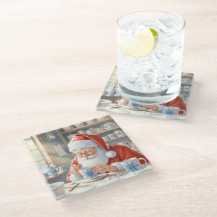 Dessous-de-verre En Verre Atelier de Noël du Père Noël à l'aquarelle Rouge R