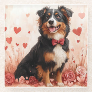 Dessous-de-verre En Verre Australian Shepherd avec des Roses - Saint-Valenti