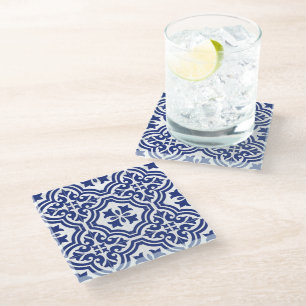 Dessous-de-verre En Verre Azulejo Espagnol Traditionnel Bleu et Blanc