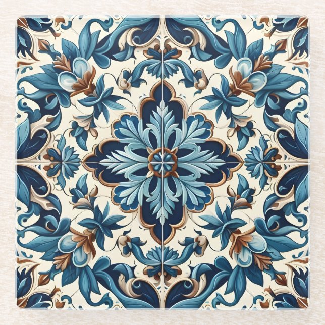 Dessous-de-verre En Verre Azulejo Porcelain Carrelage bleu Motif méditerrané (Devant)