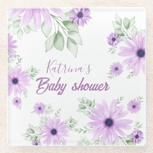 Dessous-de-verre En Verre Baby shower personnalisé de fleurs d'aquarelle vio (Devant)