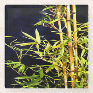 Dessous-de-verre En Verre Bambou Foliage Art Tropical Sur Noir