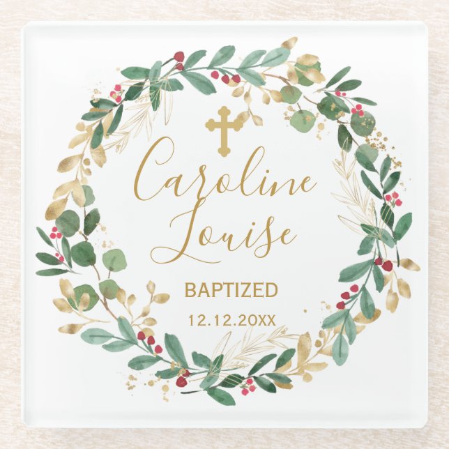 Dessous-de-verre En Verre Baptême Bébé Vert Gold Foliage (Devant)