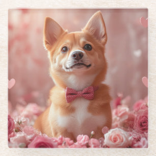 Dessous-de-verre En Verre Basenji avec des roses - Saint-Valentin