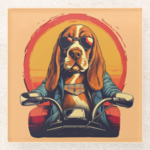 Dessous-de-verre En Verre basset cool hound biker au coucher du soleil