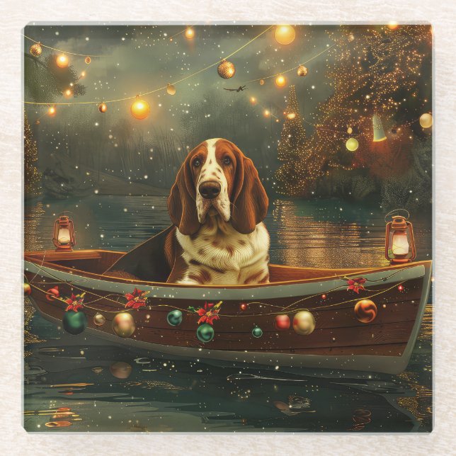 Dessous-de-verre En Verre Basset Hound Noël Festive Voyage (Devant)