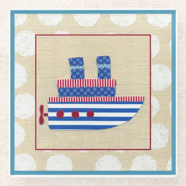 Dessous-de-verre En Verre Bateau à vapeur avec hélice et cheminées bleues (Devant)