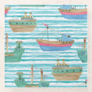 Dessous-de-verre En Verre Bateaux : Motif de peinture aquarelle.