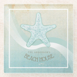 Dessous-de-verre En Verre Beach House Nautical Starfish Aqua Blue ID623