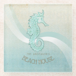 Dessous-de-verre En Verre Beach House Seahorse Aqua Blue ID623