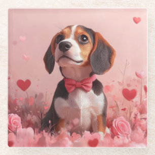 Dessous-de-verre En Verre Beagle avec Rose - Saint Valentin