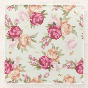 Dessous-de-verre En Verre Beau motif de pivoine de couleur sur le vert