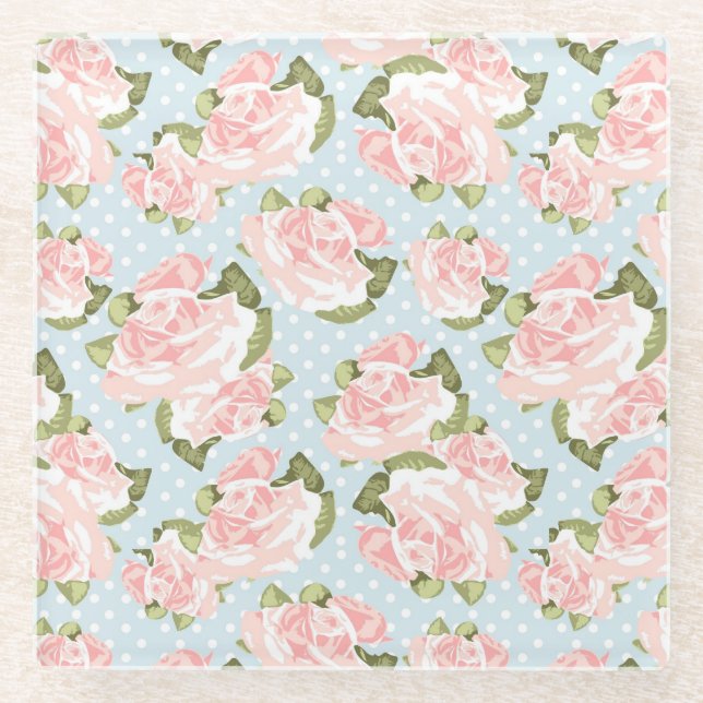 Dessous-de-verre En Verre Beau motif de rose avec le pois bleu (Devant)