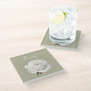 Dessous-de-verre En Verre Beauté Rose Blanche Verte Fleur
