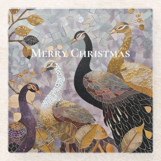 Dessous-de-verre En Verre Beautiful Gold White Peacocks Christmas (Devant)