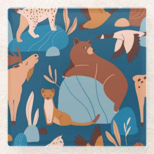 Dessous-de-verre En Verre Beaux animaux de la forêt, design foncé sans soudu
