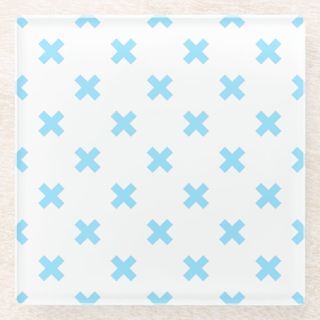 Dessous-de-verre En Verre Bébé bleu croix coutures sur blanc (Devant)