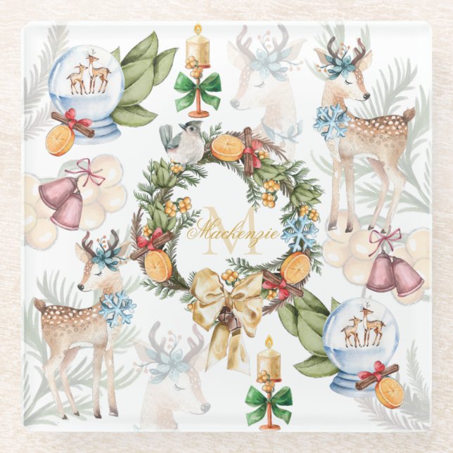 Dessous-de-verre En Verre Belle aquarelle de cerf Noël Nom de famille (Devant)