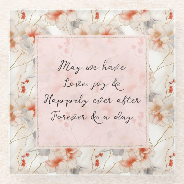 Dessous-de-verre En Verre Belle Pêche Rouge Floral Romantique Mariage (Devant)