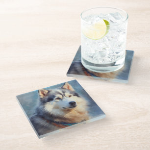 DESSOUS-DE-VERRE EN VERRE BELLE PEINTURE D'UN CHIEN ALASKAN MALAMUTE