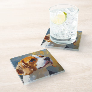 DESSOUS-DE-VERRE EN VERRE BELLE PEINTURE D'UN CHIEN BEAGLE