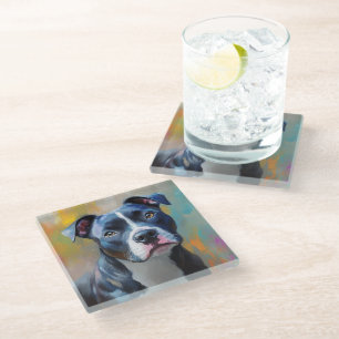DESSOUS-DE-VERRE EN VERRE BELLE PEINTURE D'UN TERRIER PITBULL AMÉRICAIN