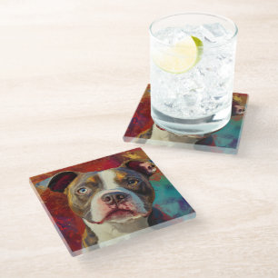 DESSOUS-DE-VERRE EN VERRE BELLE PEINTURE D'UN TERRIER PITBULL AMÉRICAIN