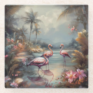 Dessous-de-verre En Verre belle peinture vintage flamants roses