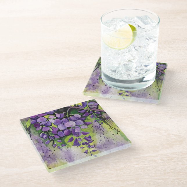 Dessous-de-verre En Verre Belles Fleurs De Wisteria En Aquarelle (Incliné)