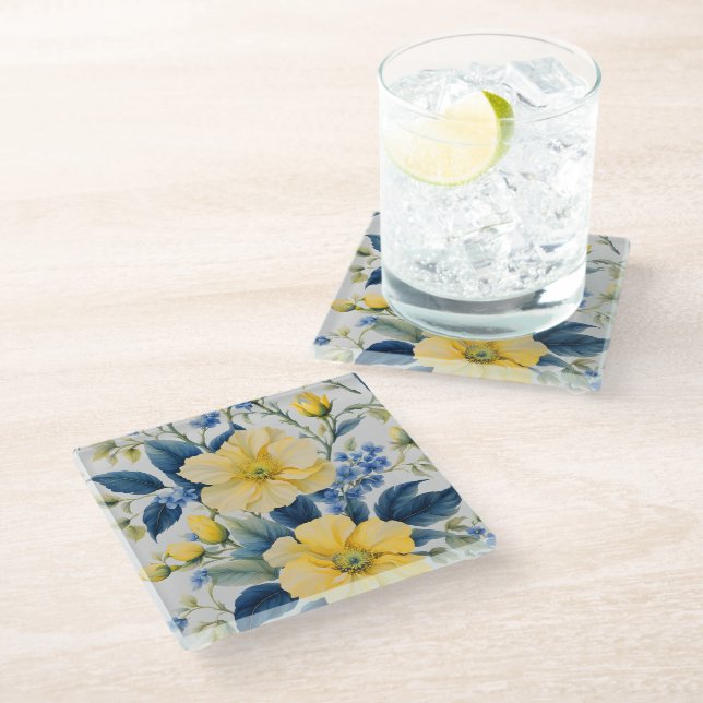 Dessous-de-verre En Verre Belles Fleurs Jaunes et Bleues (Incliné)