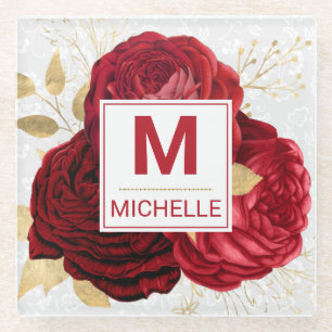 Dessous-de-verre En Verre Belles fleurs rouges profondes et dorées Monogramm