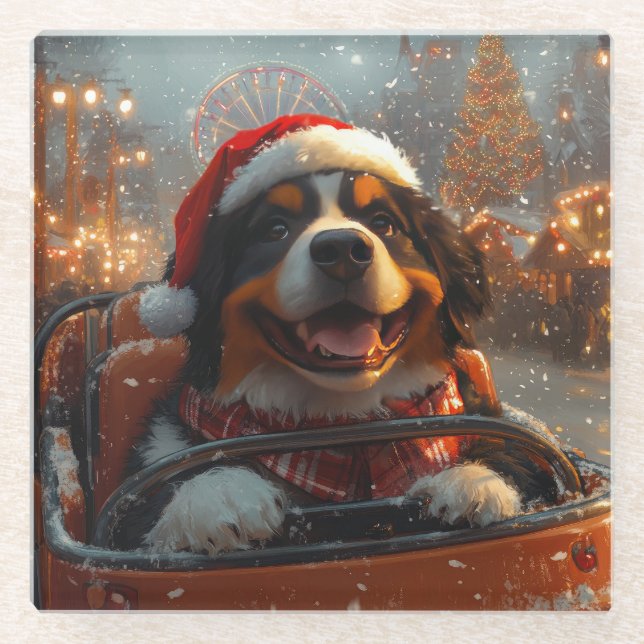 Dessous-de-verre En Verre Bernois Mountain Dog Roller Dessous de verre Noël (Devant)