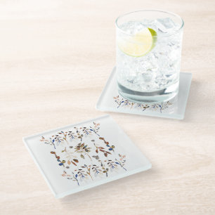 Dessous-de-verre En Verre Berries feuilles Blanc Elégant Aquarelle Florale