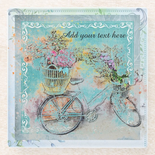 Dessous-de-verre En Verre Bicycle with flower baskets on blue burlap (Devant)