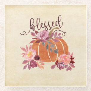 Dessous-de-verre En Verre Bienheureux - Citrouille d'automne avec fleurs ros