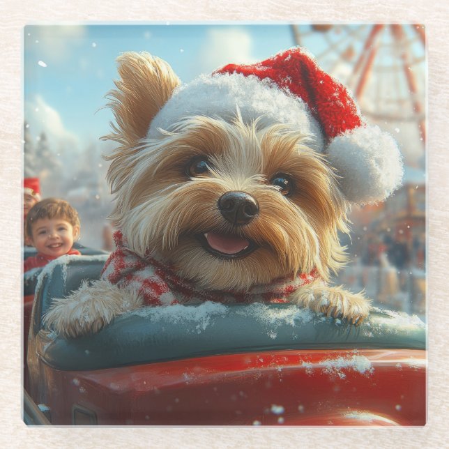 Dessous-de-verre En Verre Biewer Terrier Dog Roller Coaster Noël  (Devant)