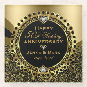 Dessous-de-verre En Verre Black And Shiny Gold 50e anniversaire de Mariage