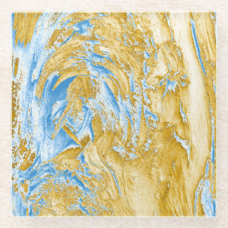Dessous-de-verre En Verre Bleu Abstrait : Touches dorées.