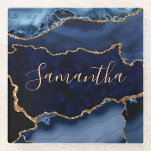 Dessous-de-verre En Verre Bleu marine et agate marbre paillettes de faux or