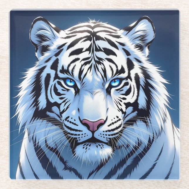 Dessous-de-verre En Verre Blue eyed White Tiger Ai Art (Devant)