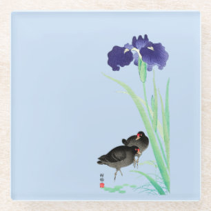Dessous-de-verre En Verre Blue Irises and Moorhens par Ohara Koson