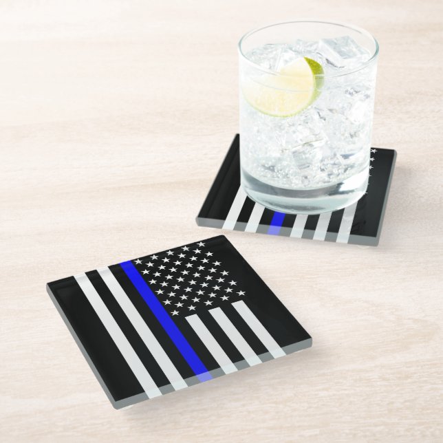 Dessous-de-verre En Verre Blue Line mince graphique montrent le drapeau des (Incliné)