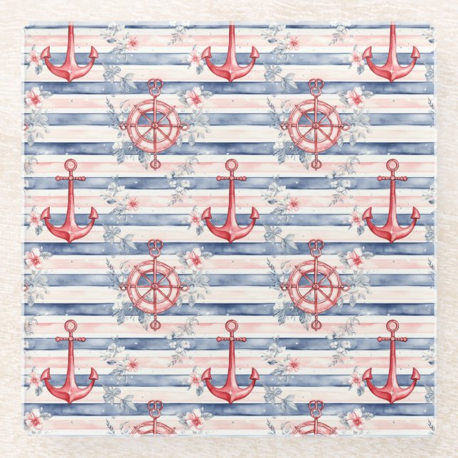 Dessous-de-verre En Verre Blue Red Anchors Floral Stripes Beach  (Devant)
