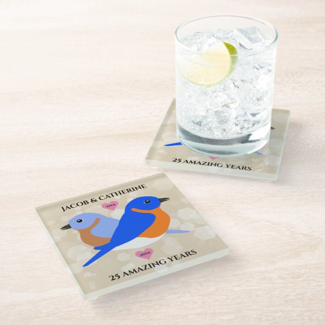Dessous-de-verre En Verre Bluebirds Lovebirds Toute année Anniversaire (Incliné)
