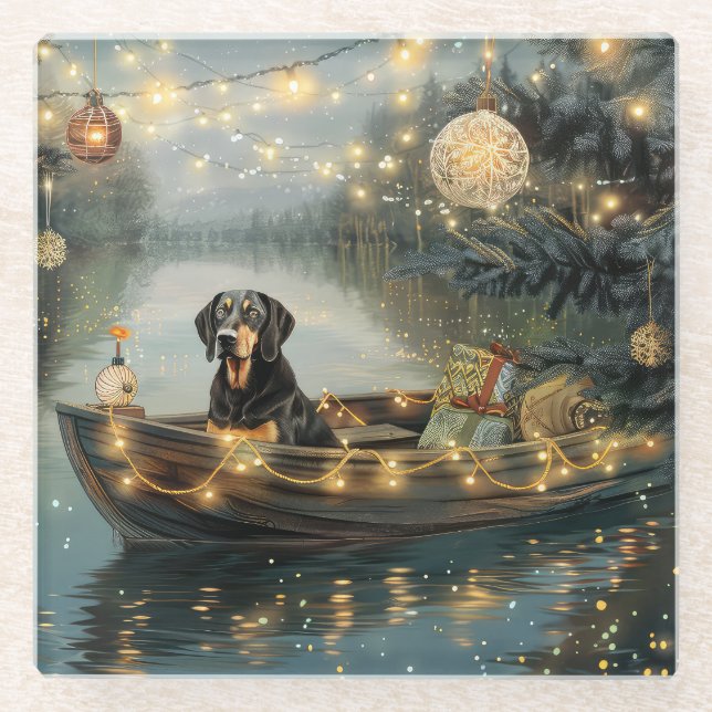 Dessous-de-verre En Verre Bluetick Coonhound Noël Festive Voyage (Devant)