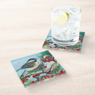 Dessous-de-verre En Verre Boeuf Chickadee D'Hiver Avec Baies