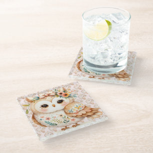 Dessous-de-verre En Verre Boho Cottagecore Owl Floral Farmcore Charme